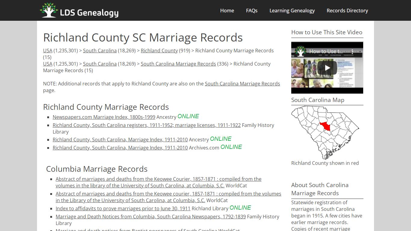 Richland County SC Marriage Records - LDS Genealogy