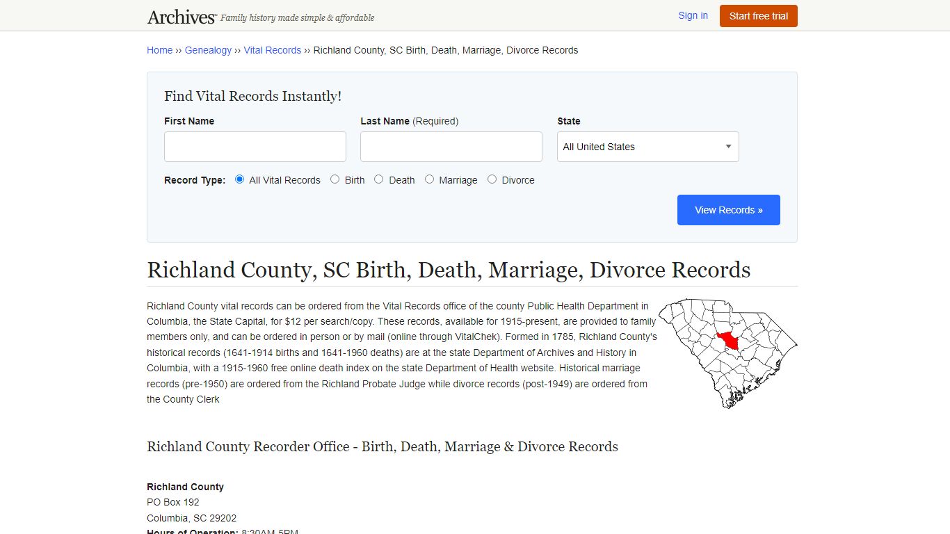 Richland County, SC Birth, Death, Marriage, Divorce Records